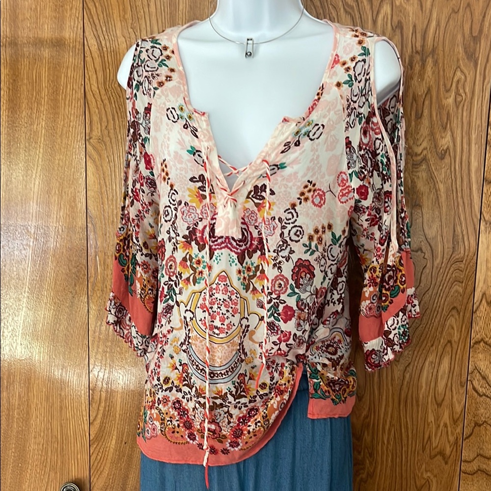 Democracy Cream Tan Graphic Tie Front Blouse